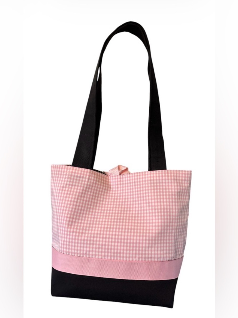 Pink Gingham Tote Bag. Black Straps. Ribbon Accent. Lined. Snap Closure. SKU 30 - Picture 2 of 8